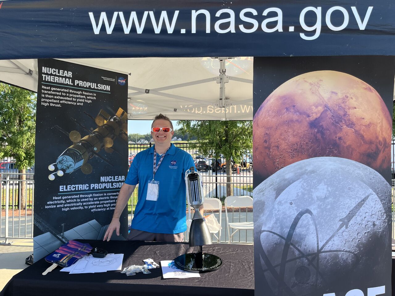 Daniel Boyette, communications specialist for the Space Nuclear Propulsion Office at Marshall, sets up for Space Night.