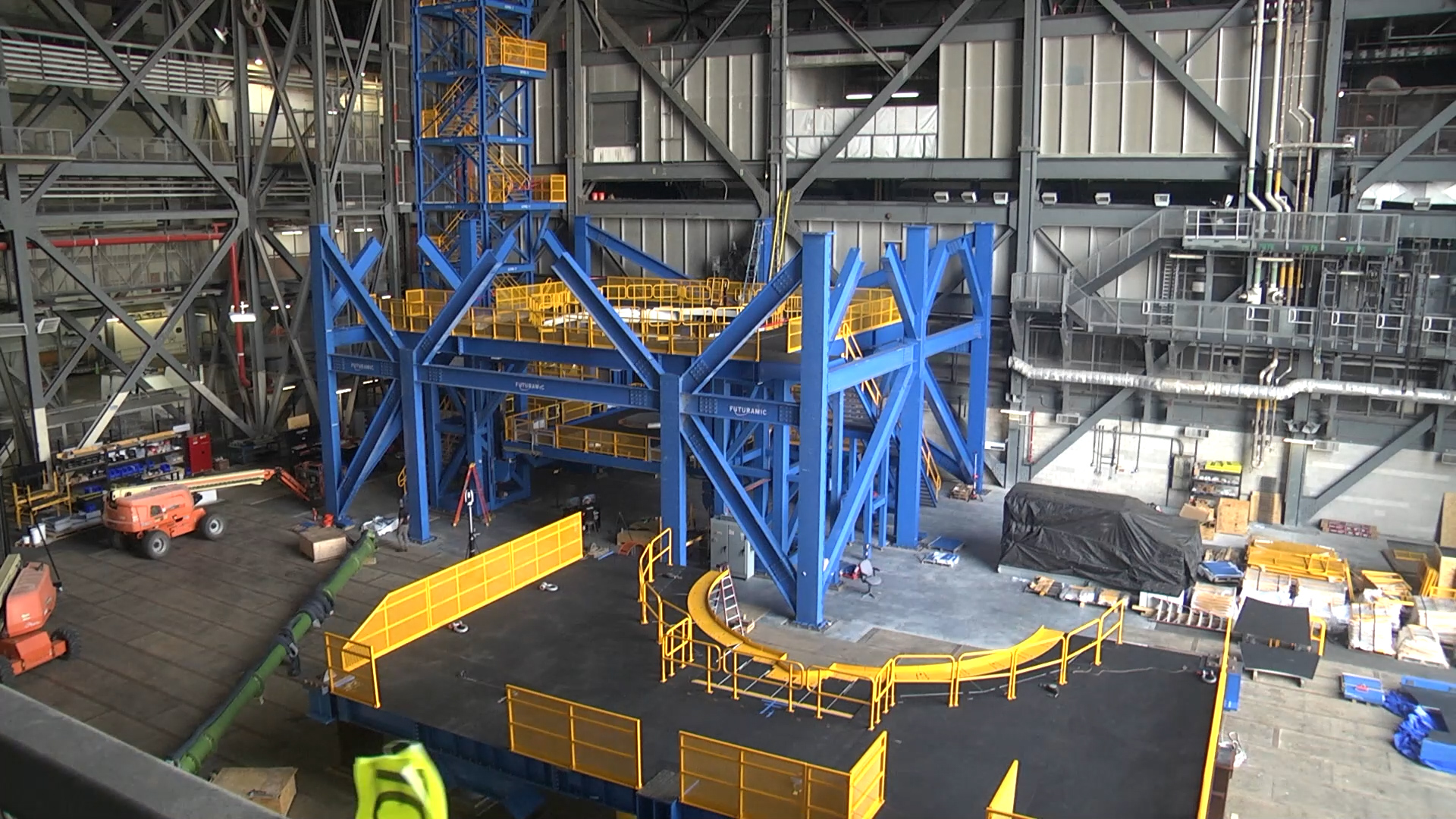 Technicians are building tooling in High Bay 2 at NASA Kennedy that will allow NASA and Boeing, the SLS core stage lead contractor, to vertically integrate the core stage.