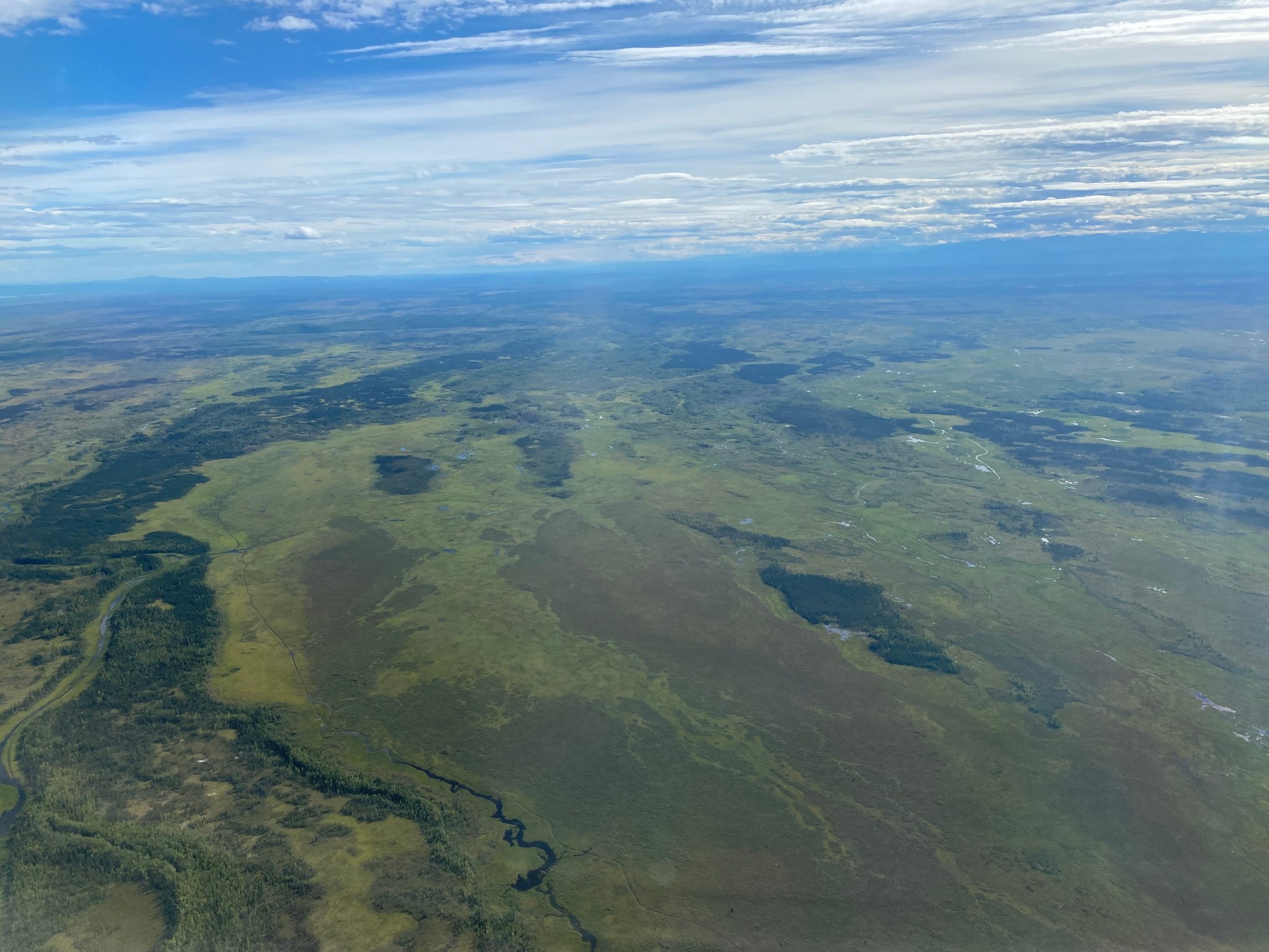 An image taken from the viewpoint of the plane. The image is mostly showing a green landscape below, with strands of rivers and lakes interspersing the land.