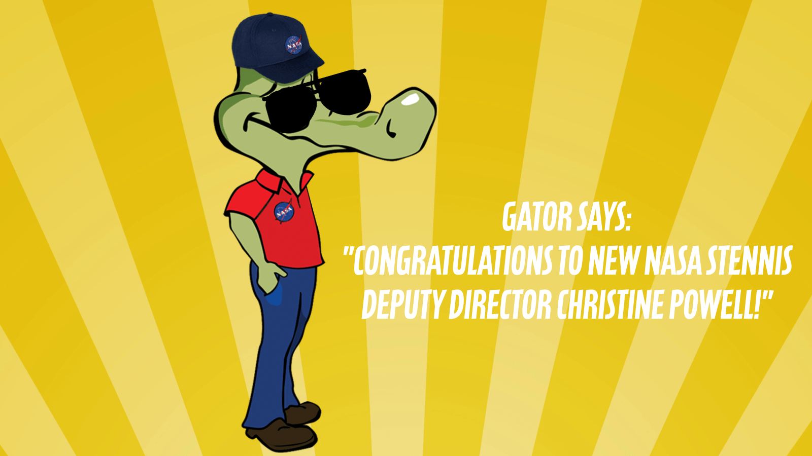 Gator is shown wearing a NASA baseball cap, dark sunglasses, red polo shirt and jeans on a yellow sunburst background; Lagniappe for September 2024 Gator Speaks cover