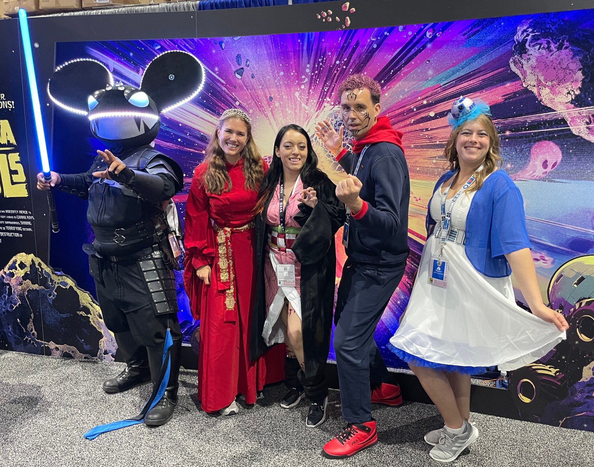 Left to right: Jonas Dino, Code DO and Lara Lash, Sofia Tafolla, Avi Gileadi and Miranda Poltorak from Code AOX working with in the NASA booth display area at last month’s Comic-Con in San Diego.