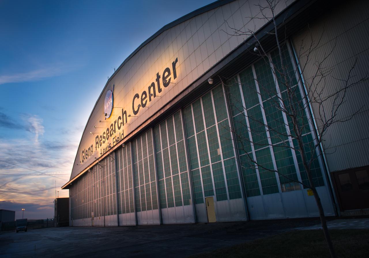 A sunrise view of the hangar at NASA's Glenn Research Center