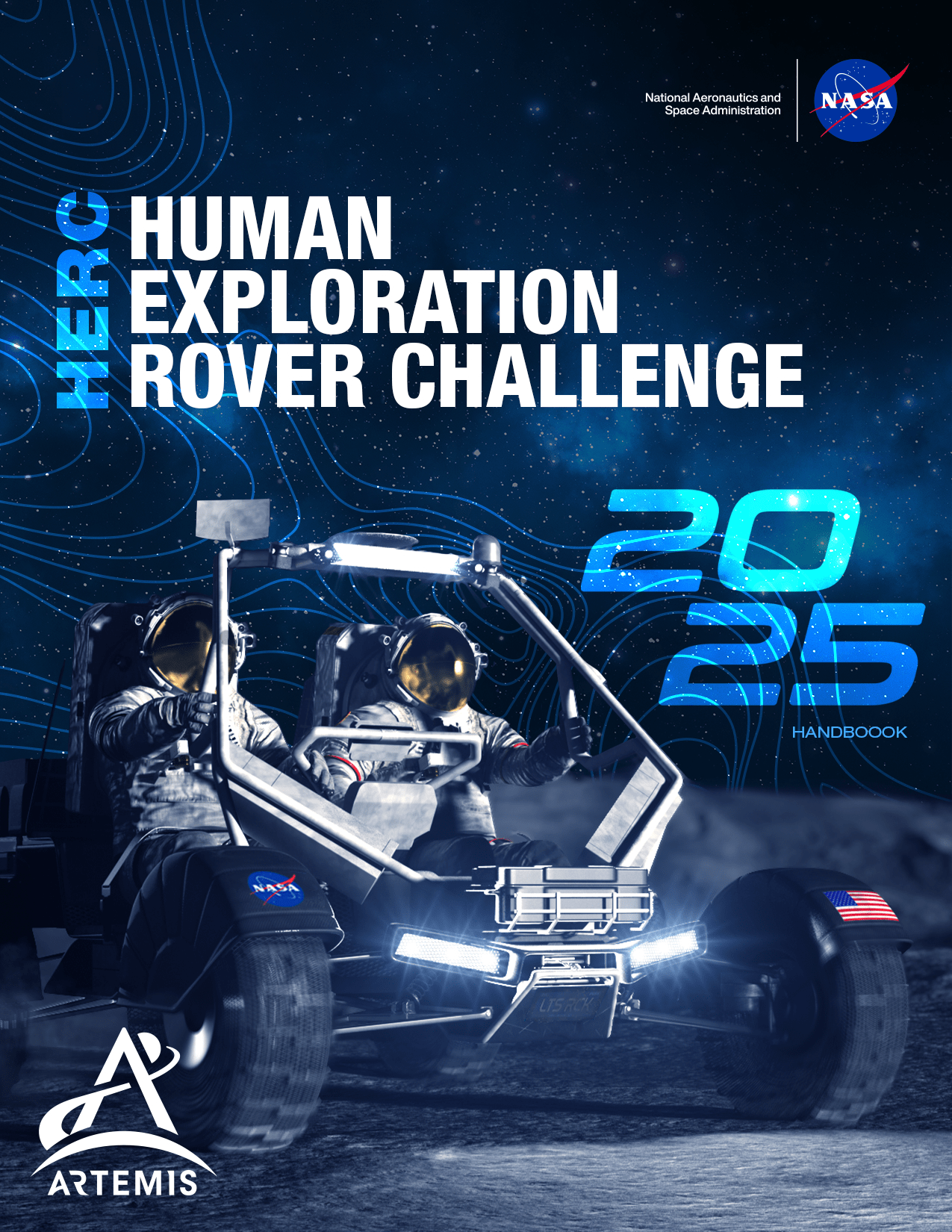 Two astronauts ride in a lunar rover in this illustration for the cover of the HERC 2025 handbook.