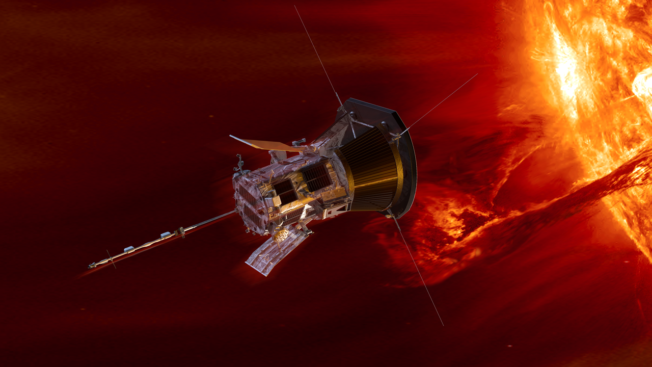 An illustration showing the Parker Solar Probe spacecraft — a flat shield facing the Sun, with instruments and antennae on the other side, near the Sun, which has solar material ejecting off of it.