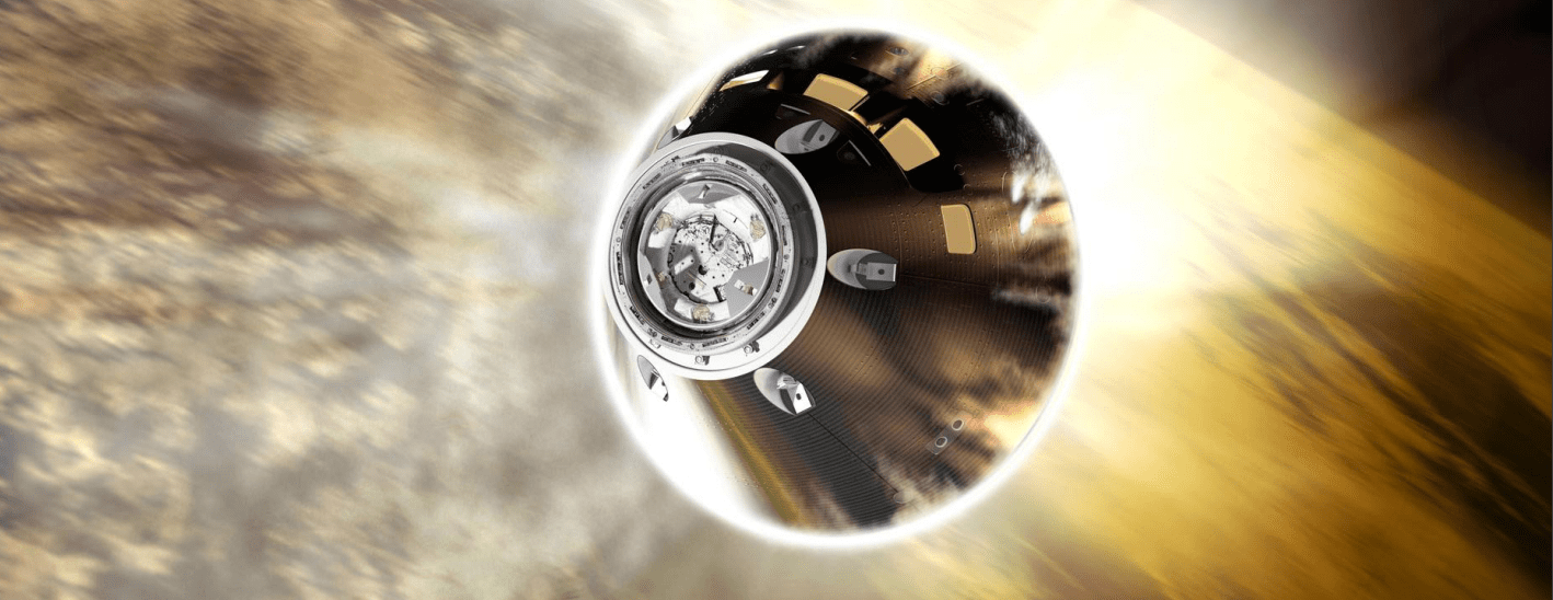 An artist's illustration of Orion crew module entering the Earth's atmosphere.