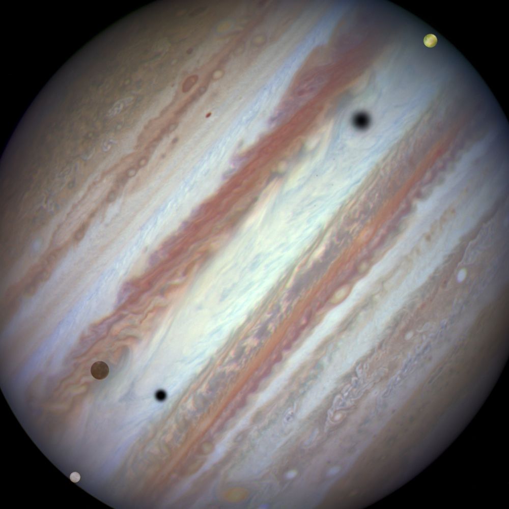 Hubble Space Telescope image of Jupiter, a mostly white globe with alternating browns bands, and the shadows of three of its moons on the planet