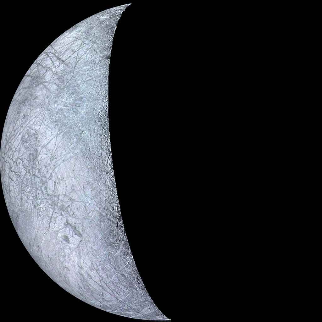 Image of a crescent shaped white moon with darker markings, against a black background