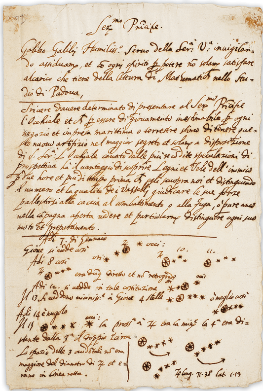 A page from Galileo's notebook, with cursive writing that is difficult to read