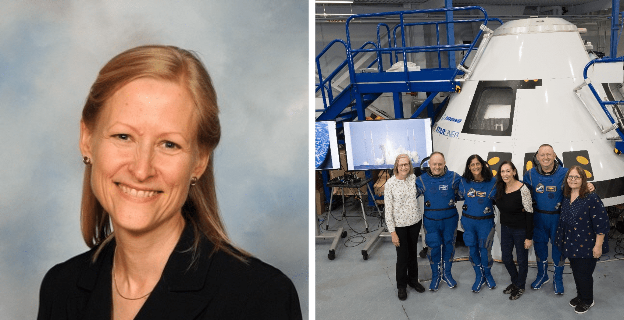 Johnson Space Center employee Celeste Budwit-Hunter is pictured in a former career and in her current role with NASA.