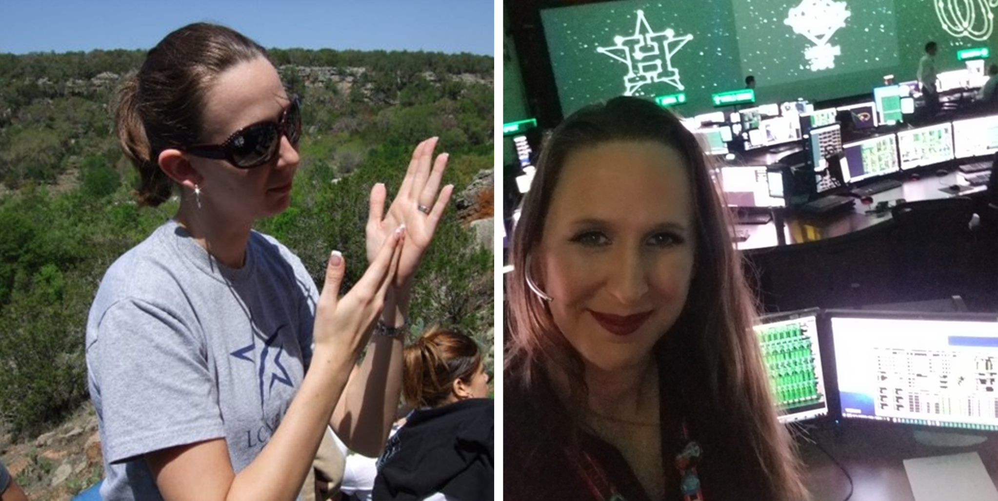 Johnson Space Center employee Michelle Wood is pictured in her previous job as a sign language interpreter and in her current role at Mission Control Center.