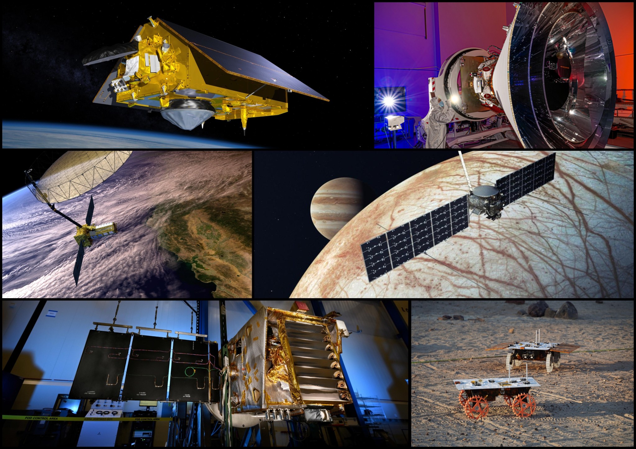 A collage of photographs and artist's concepts showcasing different spacecraft in various stages of development and deployment.